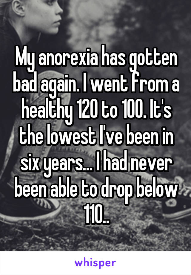 My anorexia has gotten bad again. I went from a healthy 120 to 100. It's the lowest I've been in six years... I had never been able to drop below 110..
