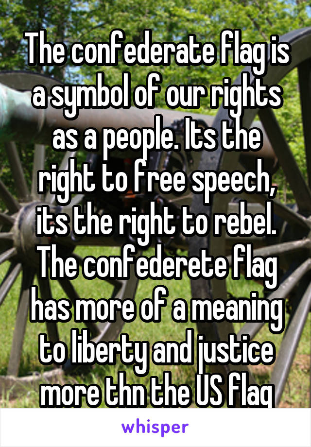 The confederate flag is a symbol of our rights as a people. Its the right to free speech, its the right to rebel. The confederete flag has more of a meaning to liberty and justice more thn the US flag