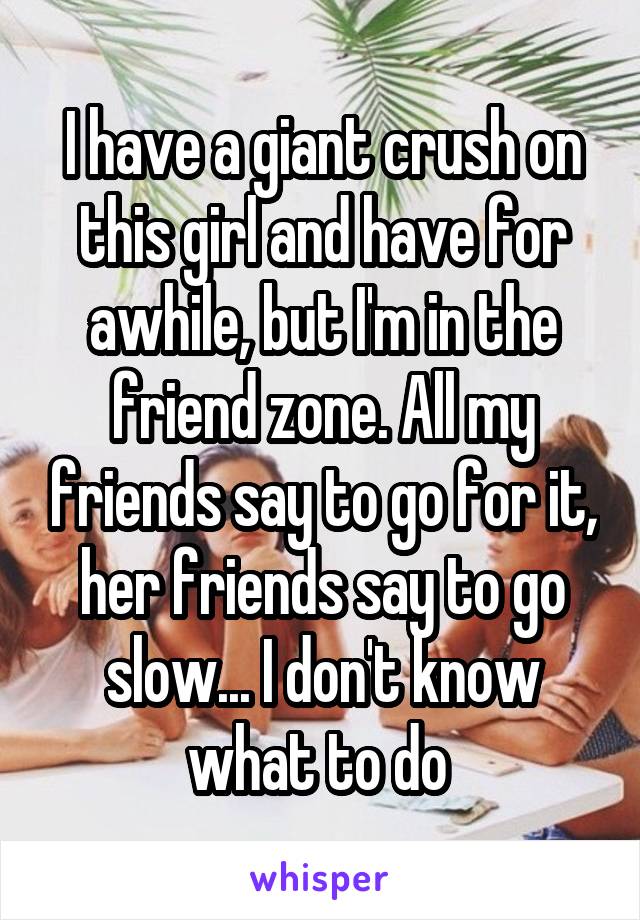 I have a giant crush on this girl and have for awhile, but I'm in the friend zone. All my friends say to go for it, her friends say to go slow... I don't know what to do 