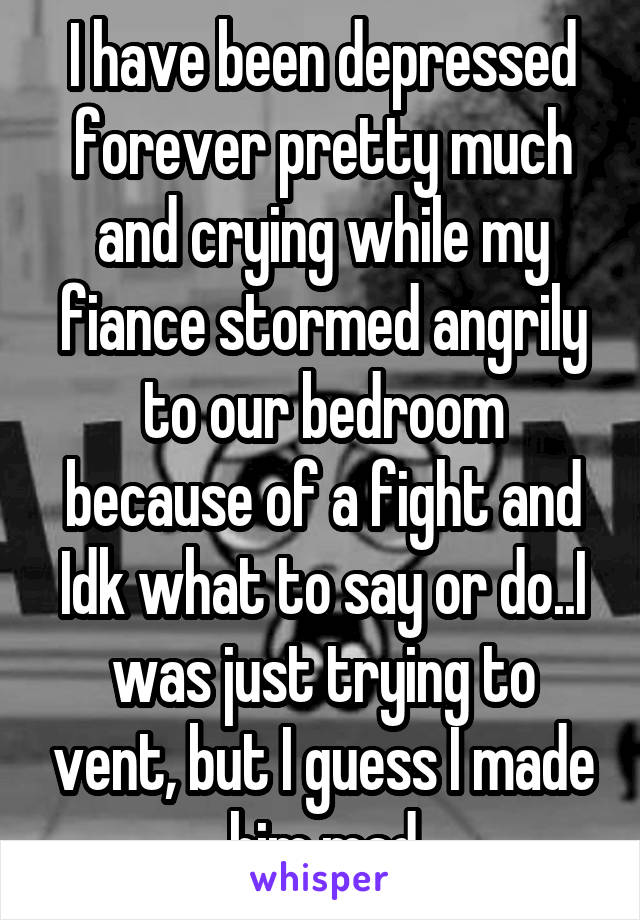 I have been depressed forever pretty much and crying while my fiance stormed angrily to our bedroom because of a fight and Idk what to say or do..I was just trying to vent, but I guess I made him mad