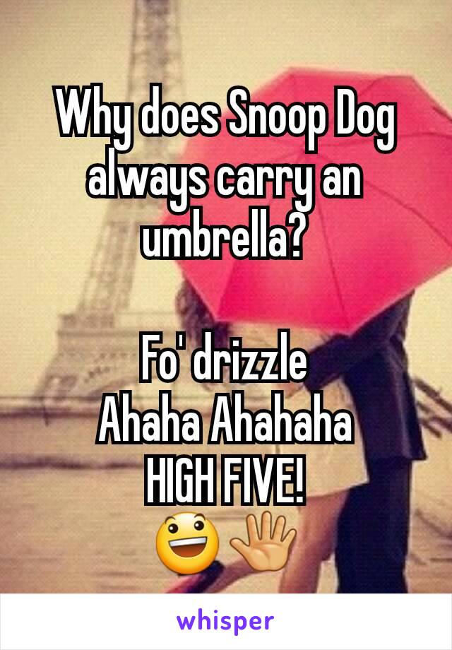 Why does Snoop Dog always carry an umbrella?

Fo' drizzle
Ahaha Ahahaha
HIGH FIVE!
😃🖑