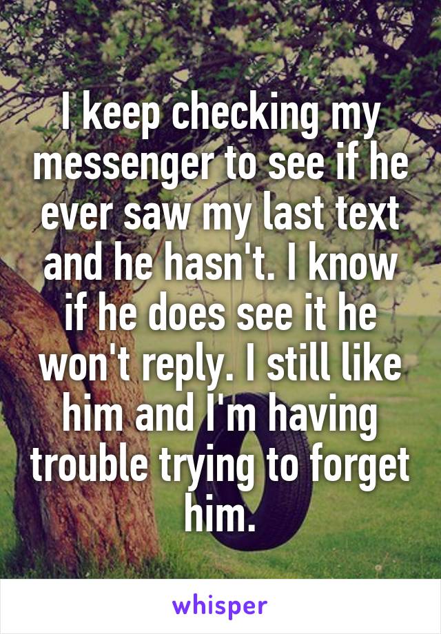 I keep checking my messenger to see if he ever saw my last text and he hasn't. I know if he does see it he won't reply. I still like him and I'm having trouble trying to forget him.