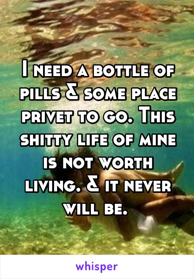 I need a bottle of pills & some place privet to go. This shitty life of mine is not worth living. & it never will be. 