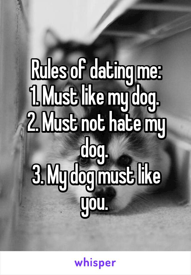 Rules of dating me:
1. Must like my dog. 
2. Must not hate my dog. 
3. My dog must like you. 