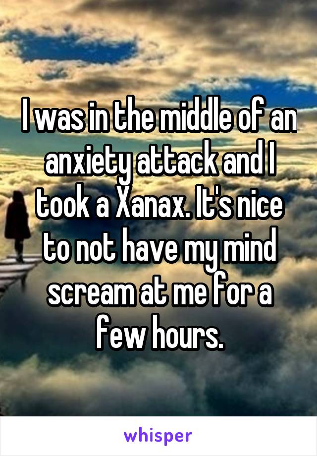 I was in the middle of an anxiety attack and I took a Xanax. It's nice to not have my mind scream at me for a few hours.