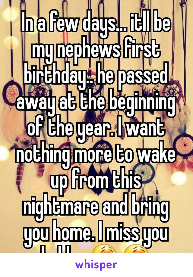 In a few days... itll be my nephews first birthday.. he passed away at the beginning of the year. I want nothing more to wake up from this nightmare and bring you home. I miss you bubba 😭😭