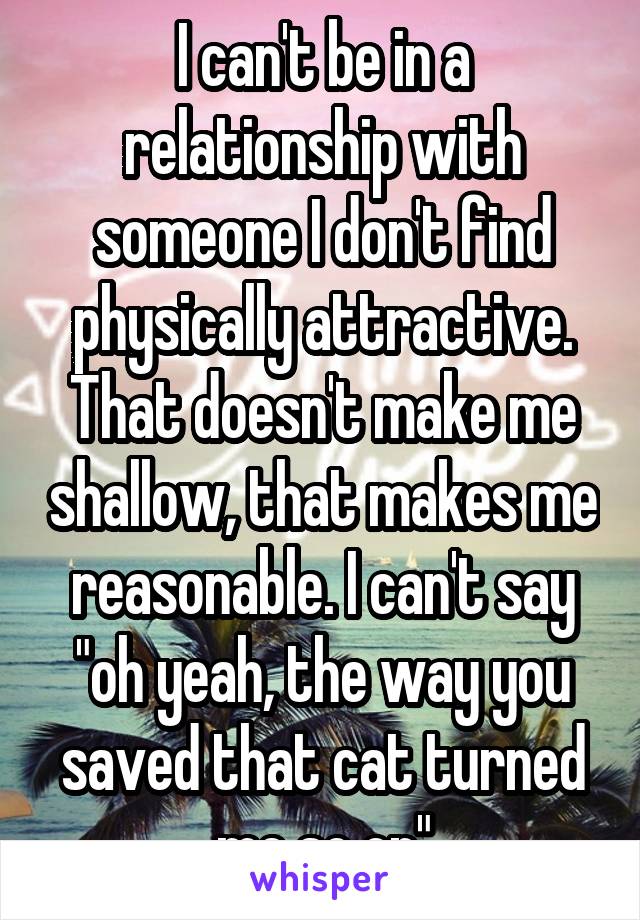 I can't be in a relationship with someone I don't find physically attractive. That doesn't make me shallow, that makes me reasonable. I can't say "oh yeah, the way you saved that cat turned me so on"