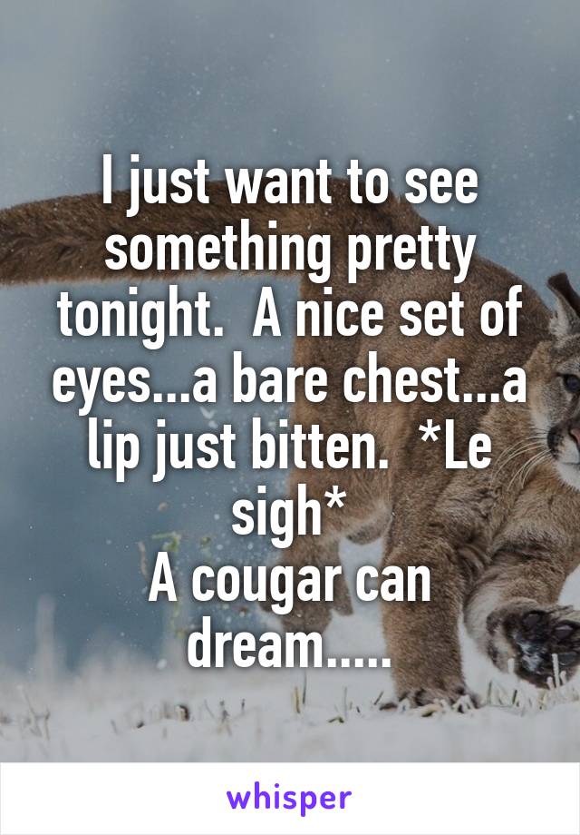 I just want to see something pretty tonight.  A nice set of eyes...a bare chest...a lip just bitten.  *Le sigh*
A cougar can dream.....