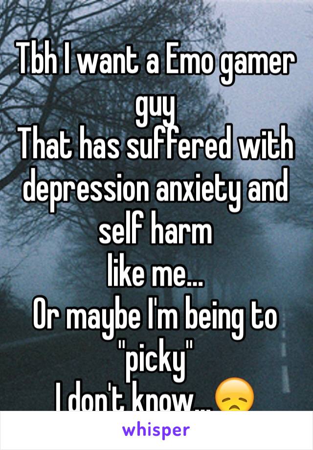 Tbh I want a Emo gamer  guy 
That has suffered with depression anxiety and self harm 
like me…
Or maybe I'm being to "picky"
I don't know…😞