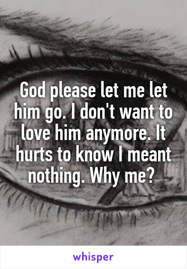 God please let me let him go. I don't want to love him anymore. It hurts to know I meant nothing. Why me? 