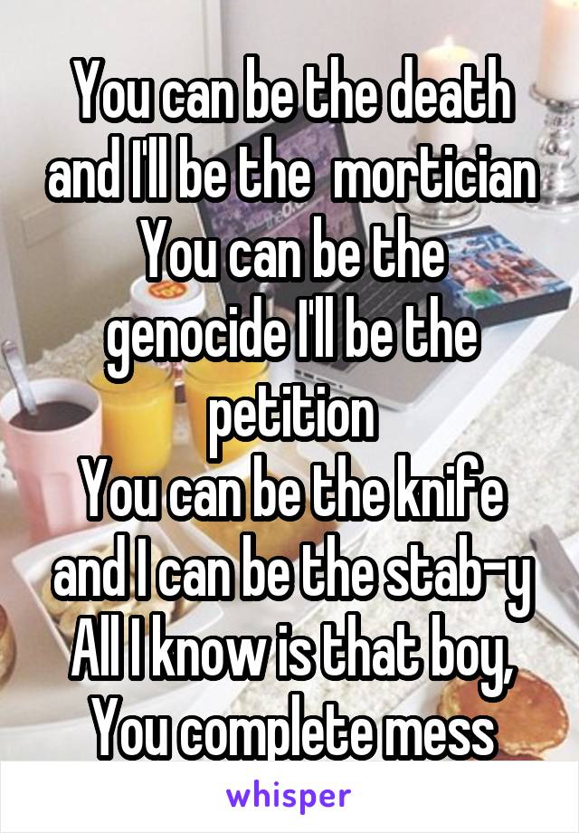 You can be the death and I'll be the  mortician
You can be the genocide I'll be the petition
You can be the knife and I can be the stab-y
All I know is that boy,
You complete mess