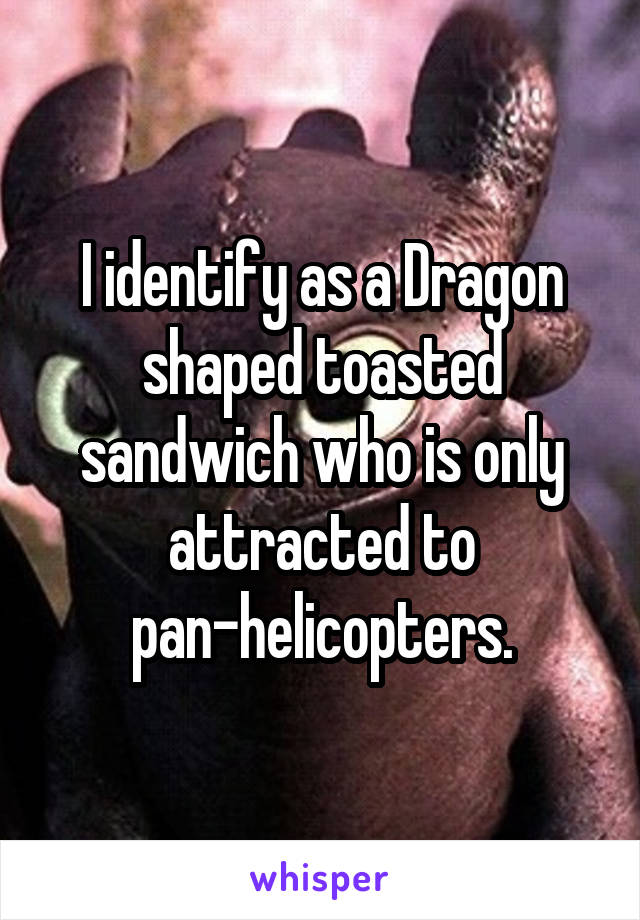 I identify as a Dragon shaped toasted sandwich who is only attracted to pan-helicopters.