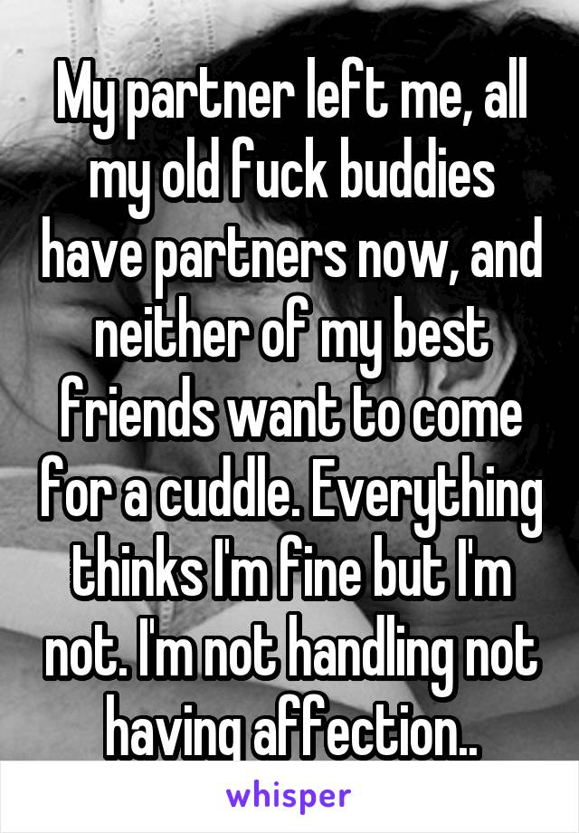 My partner left me, all my old fuck buddies have partners now, and neither of my best friends want to come for a cuddle. Everything thinks I'm fine but I'm not. I'm not handling not having affection..