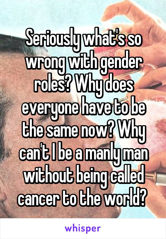 Seriously what's so wrong with gender roles? Why does everyone have to be the same now? Why can't I be a manly man without being called cancer to the world? 