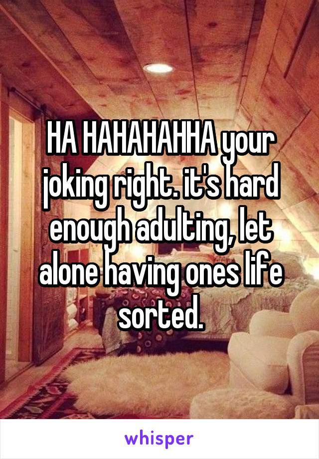 HA HAHAHAHHA your joking right. it's hard enough adulting, let alone having ones life sorted.