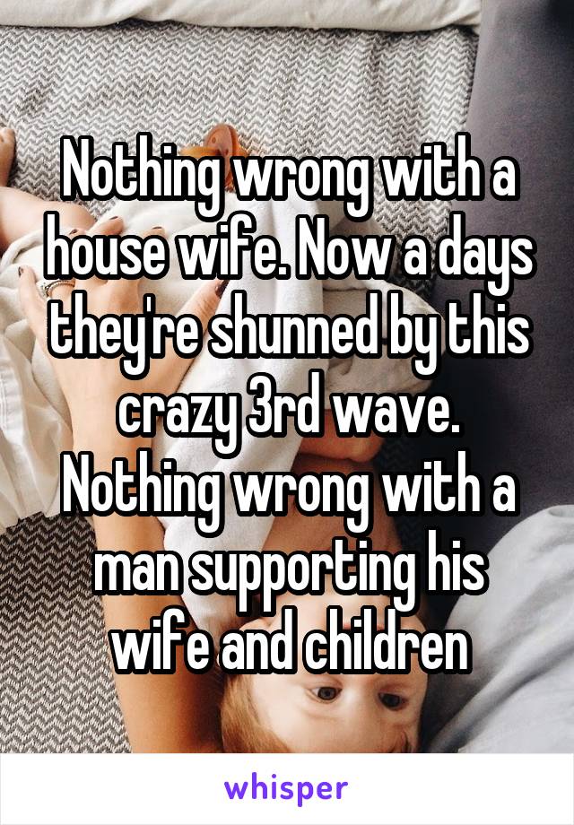 Nothing wrong with a house wife. Now a days they're shunned by this crazy 3rd wave. Nothing wrong with a man supporting his wife and children