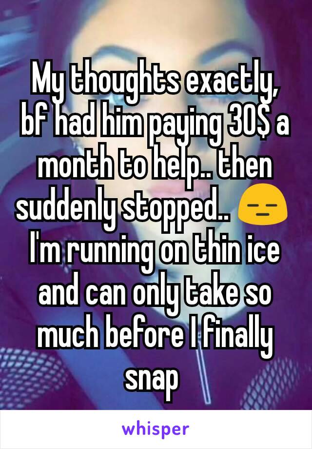 My thoughts exactly, bf had him paying 30$ a month to help.. then suddenly stopped.. 😑 
I'm running on thin ice and can only take so much before I finally snap 