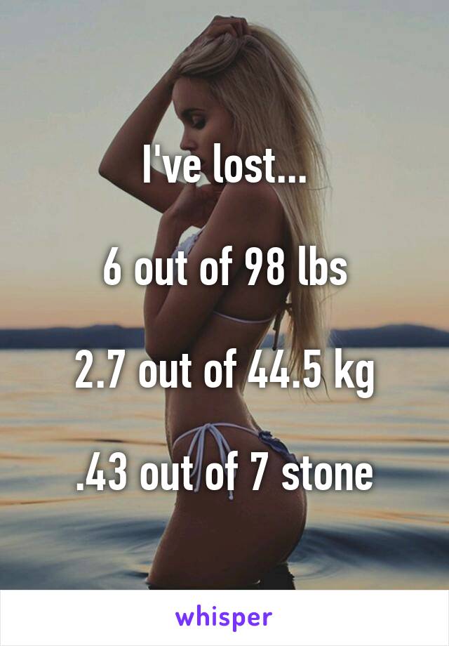 I've lost...

6 out of 98 lbs

2.7 out of 44.5 kg

.43 out of 7 stone