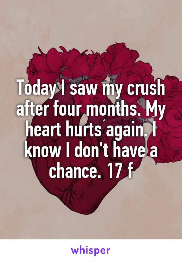 Today I saw my crush after four months. My heart hurts again. I know I don't have a chance. 17 f