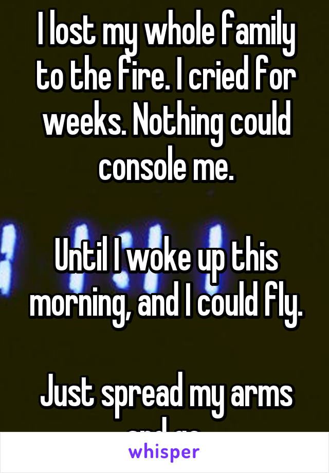 I lost my whole family to the fire. I cried for weeks. Nothing could console me.

Until I woke up this morning, and I could fly.

Just spread my arms and go.