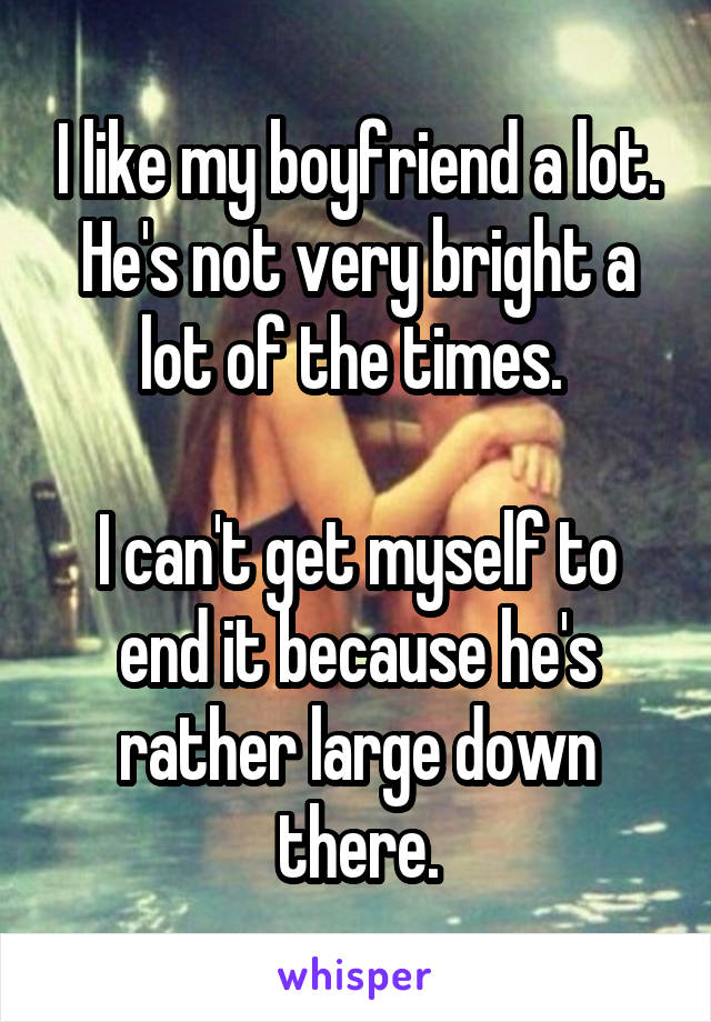 I like my boyfriend a lot. He's not very bright a lot of the times. 

I can't get myself to end it because he's rather large down there.