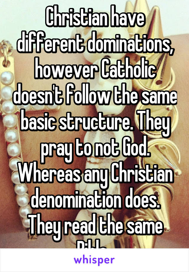 Christian have different dominations, however Catholic doesn't follow the same basic structure. They pray to not God. Whereas any Christian denomination does. They read the same Bible. 