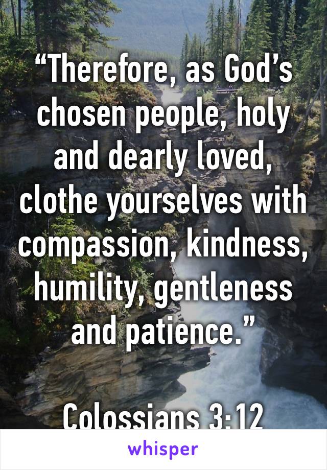 “Therefore, as God’s chosen people, holy and dearly loved, clothe yourselves with compassion, kindness, humility, gentleness and patience.”

‭‭Colossians‬ ‭3:12‬