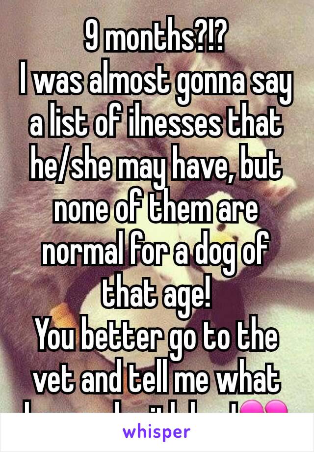 9 months?!?
I was almost gonna say a list of ilnesses that he/she may have, but none of them are normal for a dog of that age!
You better go to the vet and tell me what happend with her!💔