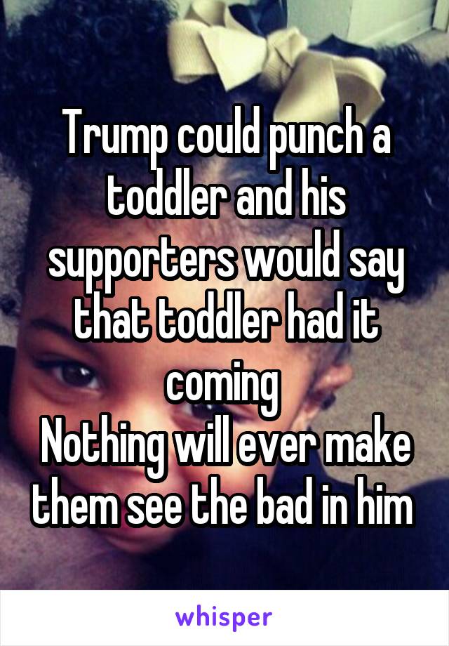 Trump could punch a toddler and his supporters would say that toddler had it coming 
Nothing will ever make them see the bad in him 