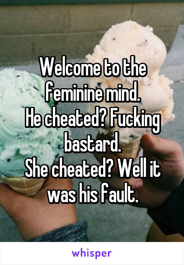 Welcome to the feminine mind.
He cheated? Fucking bastard.
She cheated? Well it was his fault.