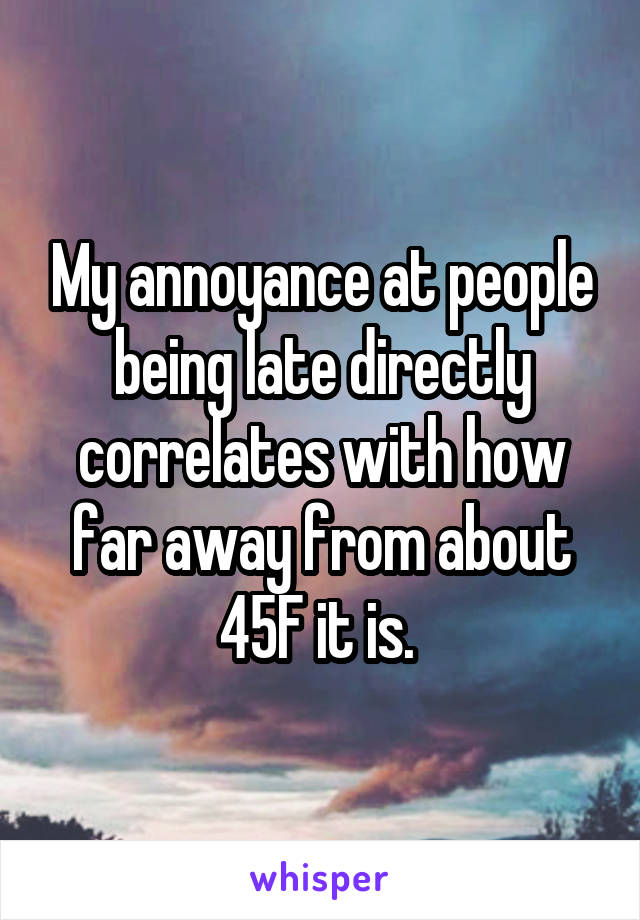 My annoyance at people being late directly correlates with how far away from about 45F it is. 