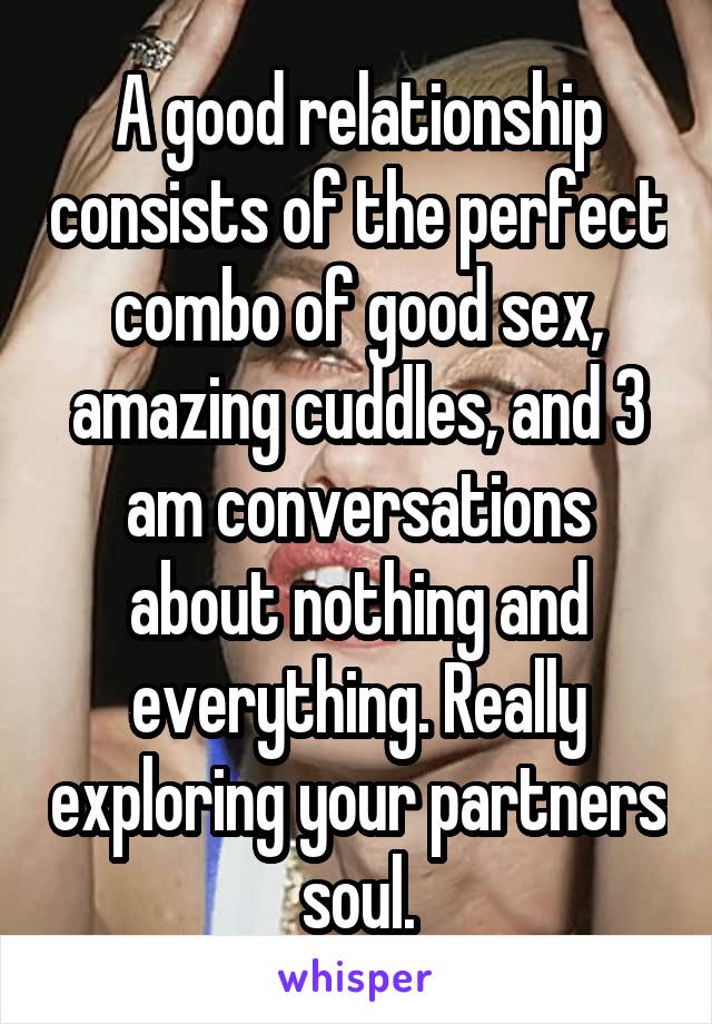 A good relationship consists of the perfect combo of good sex, amazing cuddles, and 3 am conversations about nothing and everything. Really exploring your partners soul.