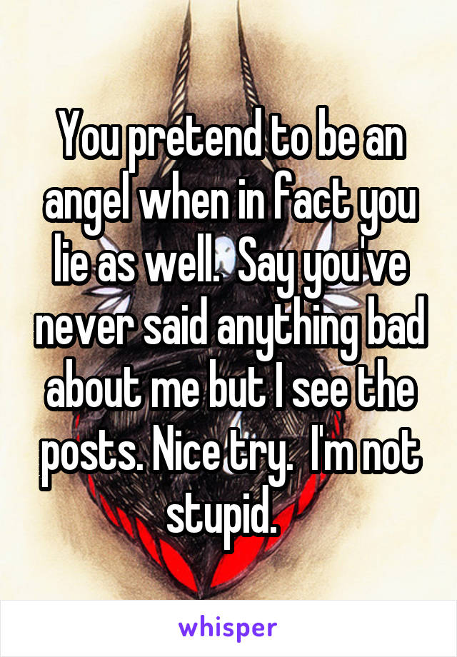 You pretend to be an angel when in fact you lie as well.  Say you've never said anything bad about me but I see the posts. Nice try.  I'm not stupid.  