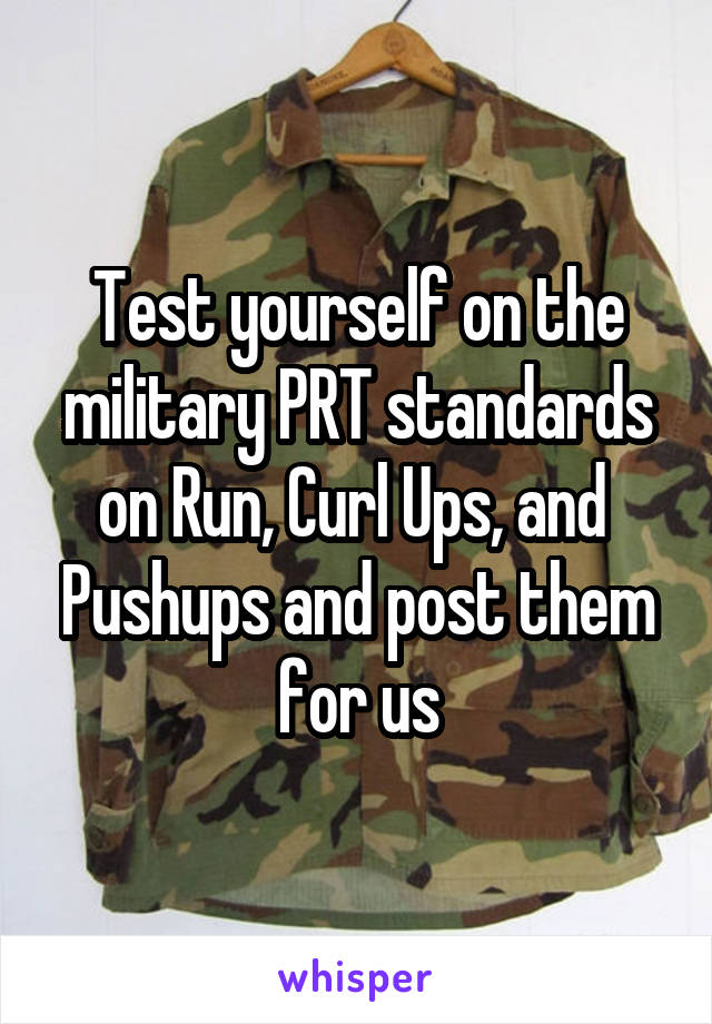 Test yourself on the military PRT standards on Run, Curl Ups, and  Pushups and post them for us