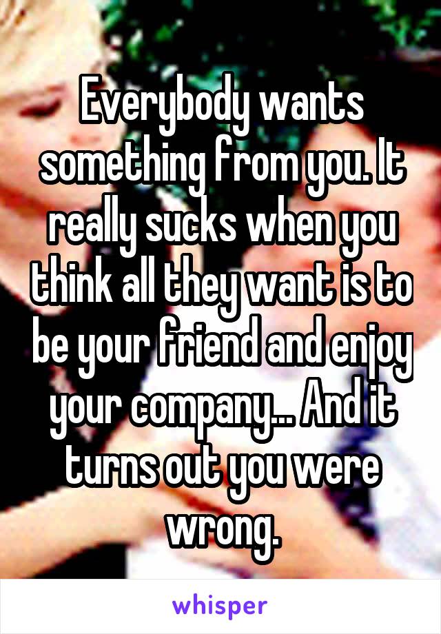 Everybody wants something from you. It really sucks when you think all they want is to be your friend and enjoy your company... And it turns out you were wrong.