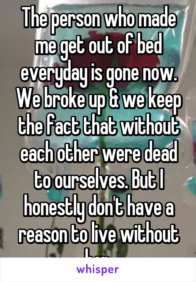 The person who made me get out of bed everyday is gone now. We broke up & we keep the fact that without each other were dead to ourselves. But I honestly don't have a reason to live without her.