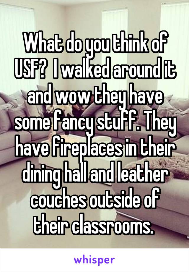 What do you think of USF?  I walked around it and wow they have some fancy stuff. They have fireplaces in their dining hall and leather couches outside of their classrooms. 