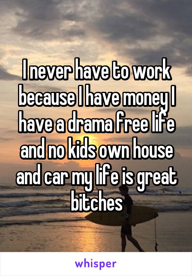 I never have to work because I have money I have a drama free life and no kids own house and car my life is great bitches