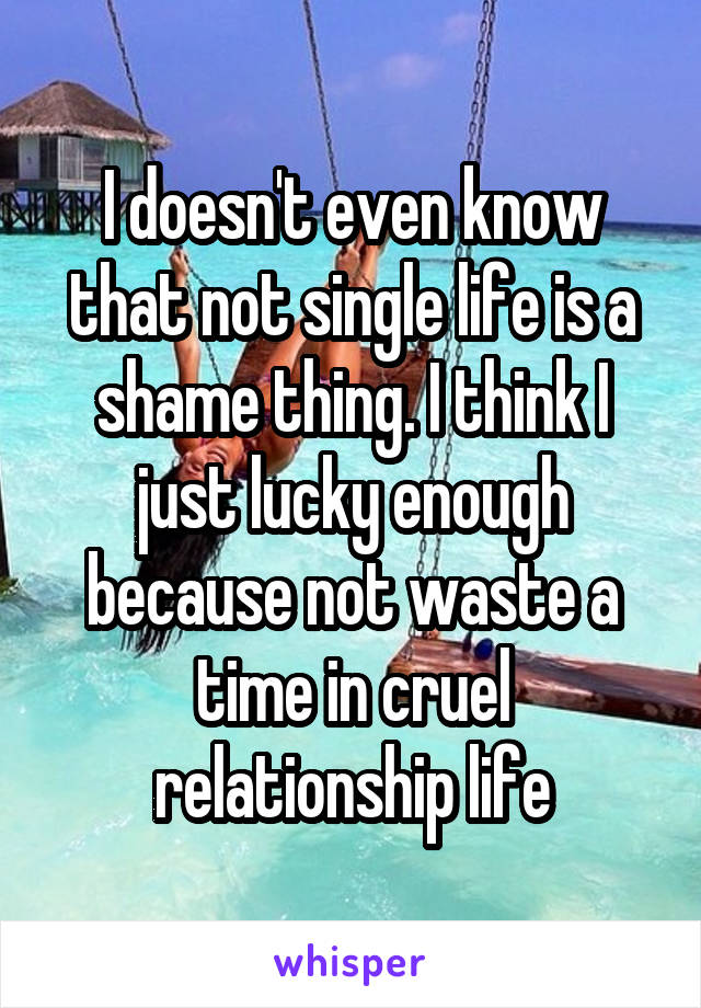 I doesn't even know that not single life is a shame thing. I think I just lucky enough because not waste a time in cruel relationship life