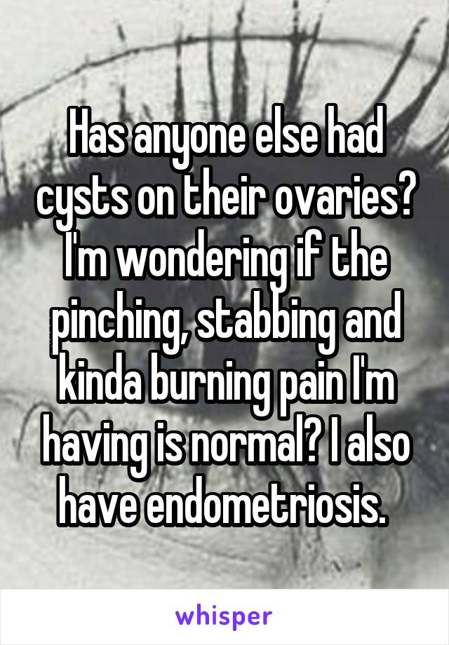 Has anyone else had cysts on their ovaries? I'm wondering if the pinching, stabbing and kinda burning pain I'm having is normal? I also have endometriosis. 