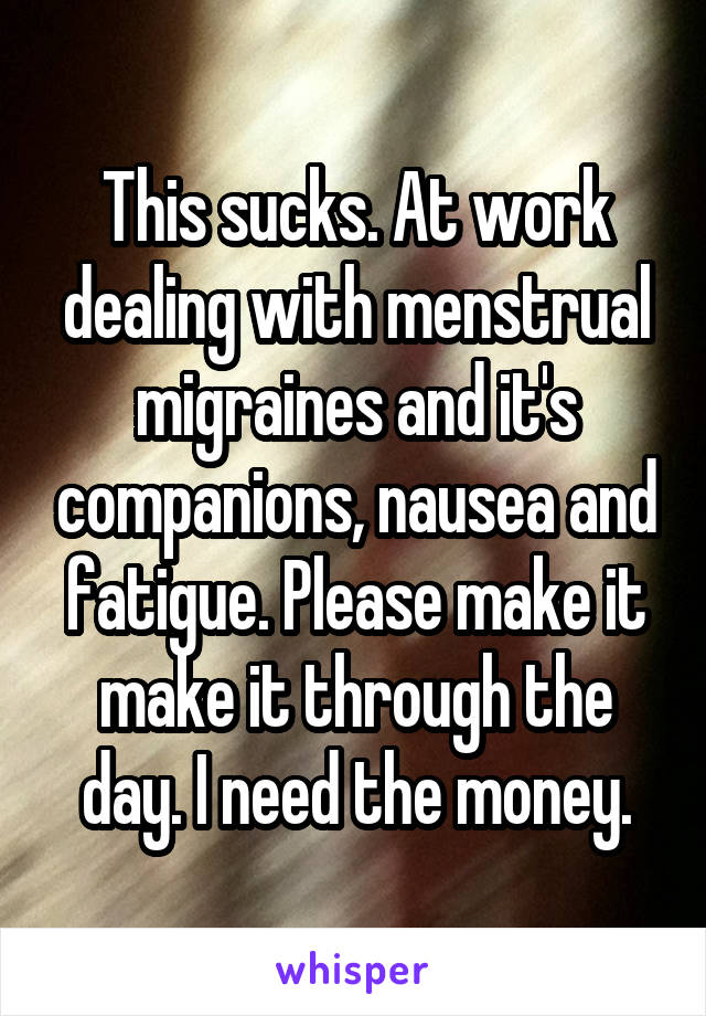 This sucks. At work dealing with menstrual migraines and it's companions, nausea and fatigue. Please make it make it through the day. I need the money.