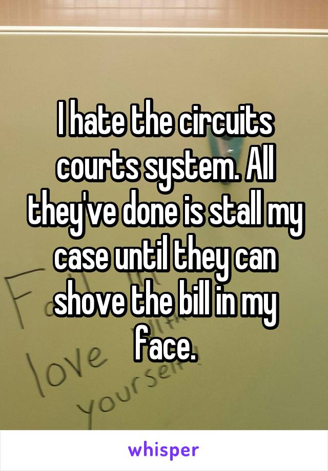 I hate the circuits courts system. All they've done is stall my case until they can shove the bill in my face.