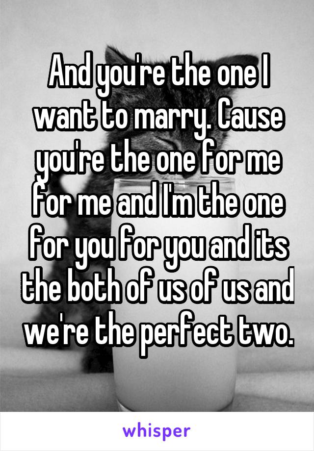 And you're the one I want to marry. Cause you're the one for me for me and I'm the one for you for you and its the both of us of us and we're the perfect two. 