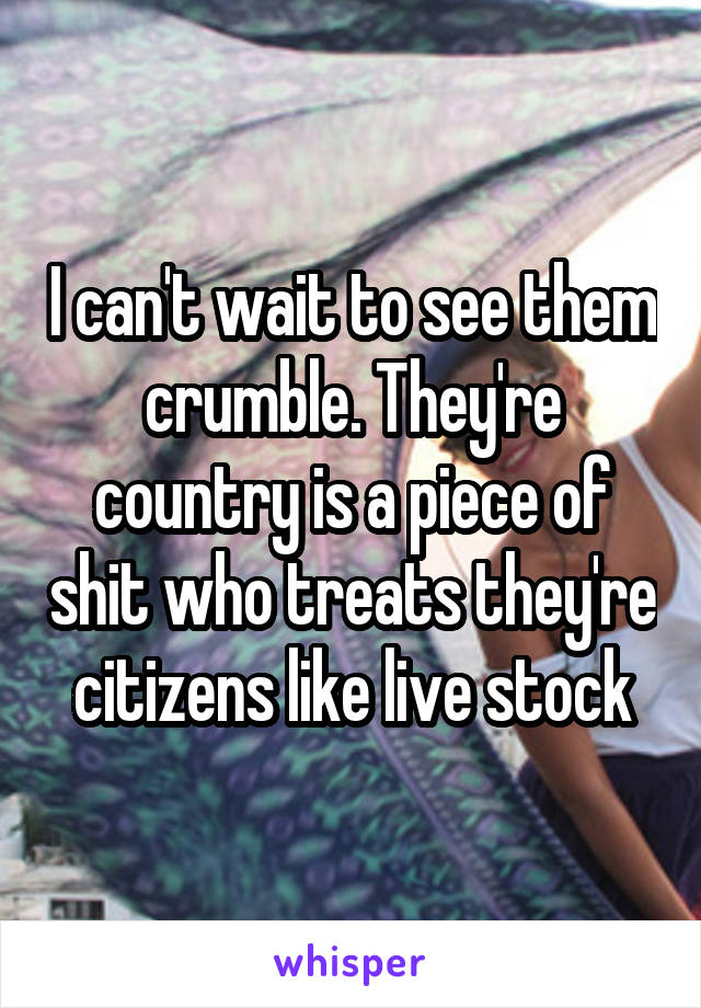 I can't wait to see them crumble. They're country is a piece of shit who treats they're citizens like live stock