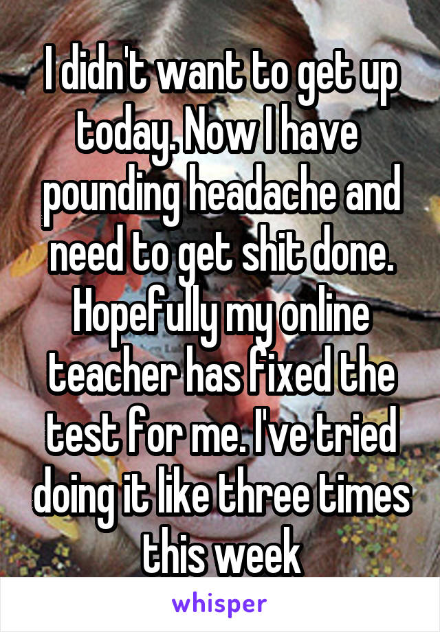 I didn't want to get up today. Now I have  pounding headache and need to get shit done. Hopefully my online teacher has fixed the test for me. I've tried doing it like three times this week