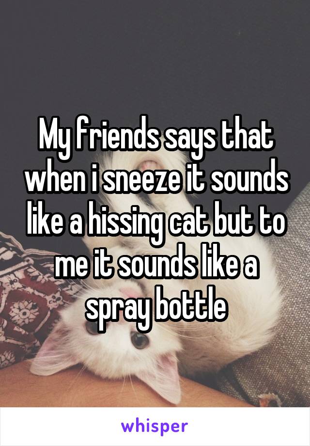 My friends says that when i sneeze it sounds like a hissing cat but to me it sounds like a spray bottle