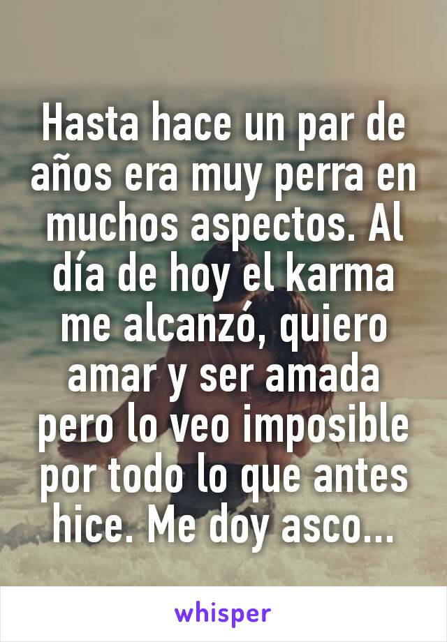 Hasta hace un par de años era muy perra en muchos aspectos. Al día de hoy el karma me alcanzó, quiero amar y ser amada pero lo veo imposible por todo lo que antes hice. Me doy asco...