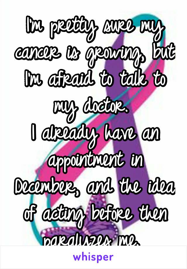 I'm pretty sure my cancer is growing, but I'm afraid to talk to my doctor. 
I already have an appointment in December, and the idea of acting before then paralyzes me. 