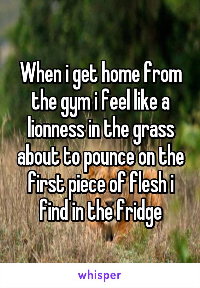 When i get home from the gym i feel like a lionness in the grass about to pounce on the first piece of flesh i find in the fridge