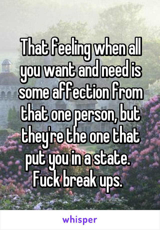 That feeling when all you want and need is some affection from that one person, but they're the one that put you in a state.  
Fuck break ups.  